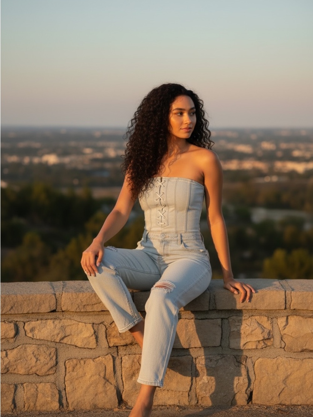 VENUS Light Blue Strapless Denim Corset Jumpsuit